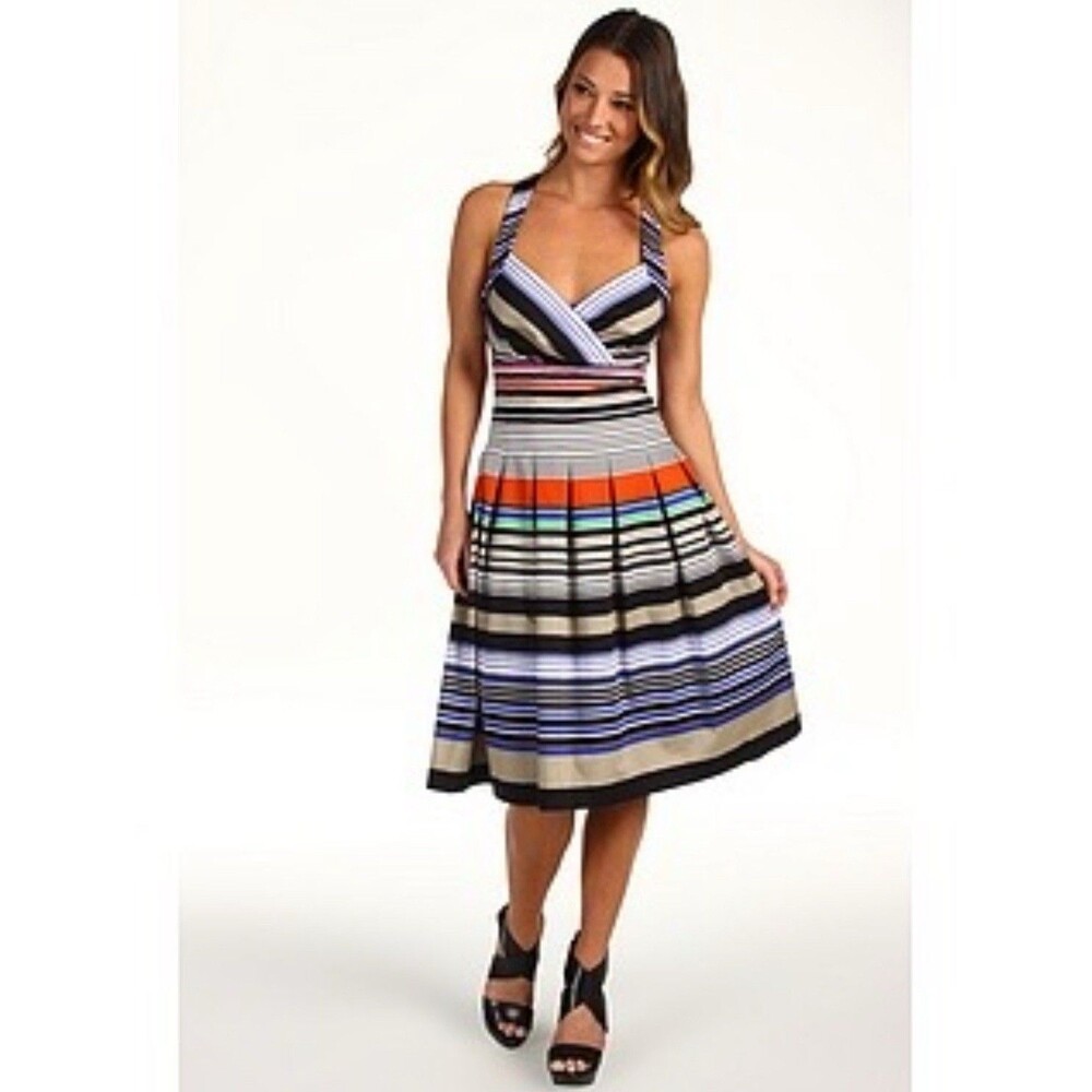 Calvin Klein Striped Fit & Flare A Line Dress Size 4‎ Cross Back Retro NEW